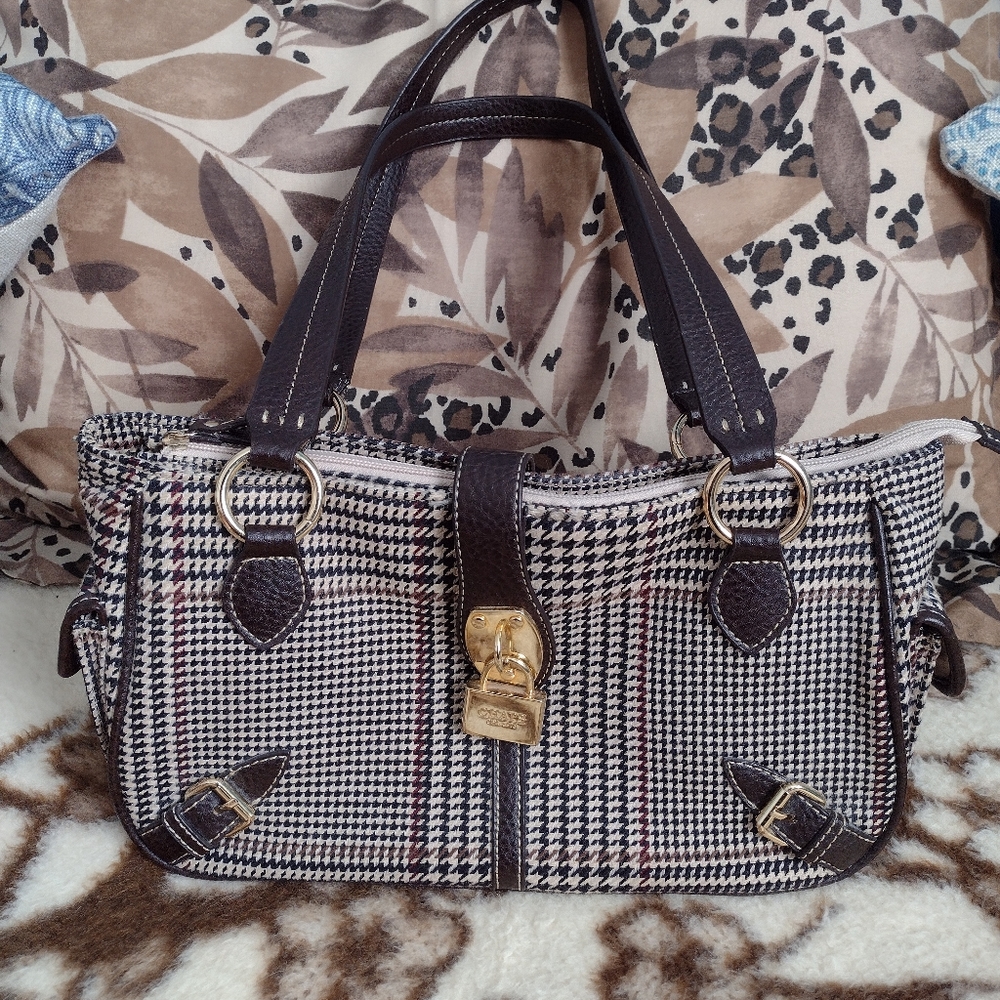 Chaps brown houndstooth plaid handbag, golden hardware